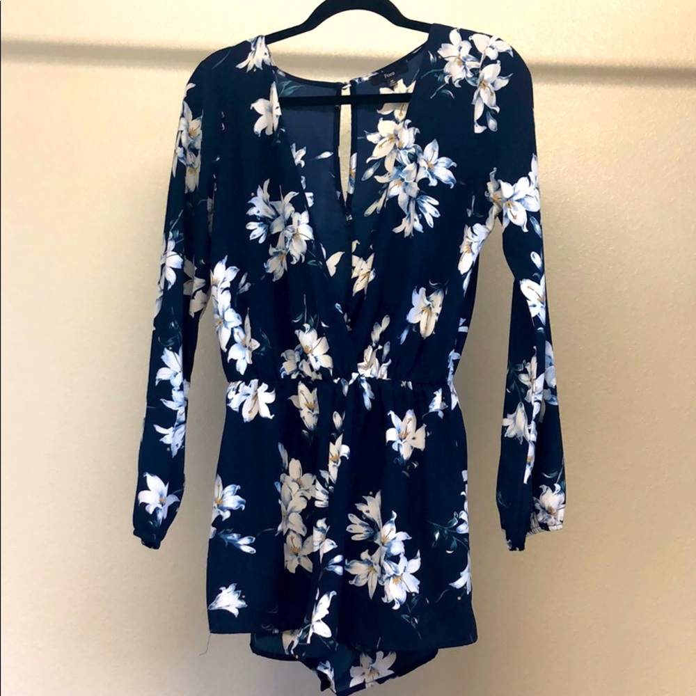 Navy Blue Floral Long Sleeve Shorts Romper